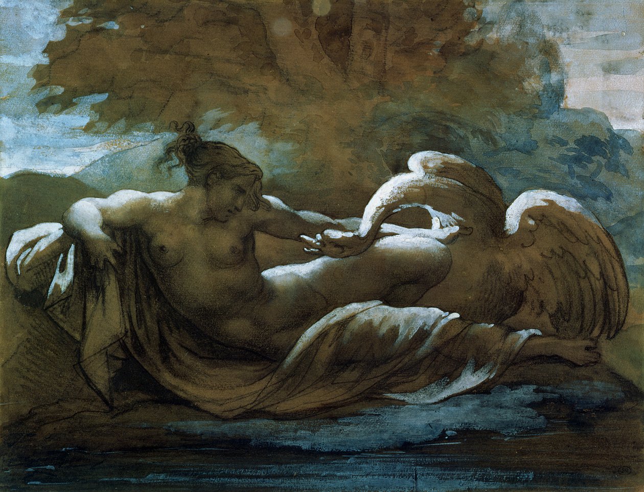 Leda e o Cisne (giz preto e aguarela) de Theodore Gericault