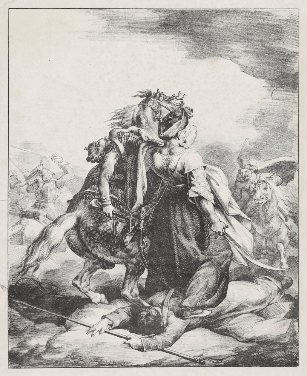 Mameluco da guarda imperial a defender um trompetista ferido contra um cossaco (Um mameluco egípcio a defender um trompetista francês ferido em Waterloo) de Theodore Gericault