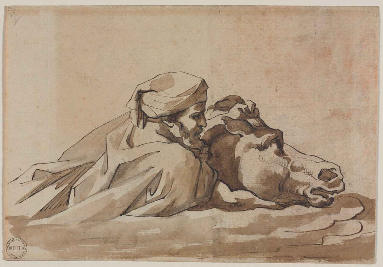 Homem segurando um cavalo na água, depois de "Dilúvio" de Poussin (reto) de Theodore Gericault