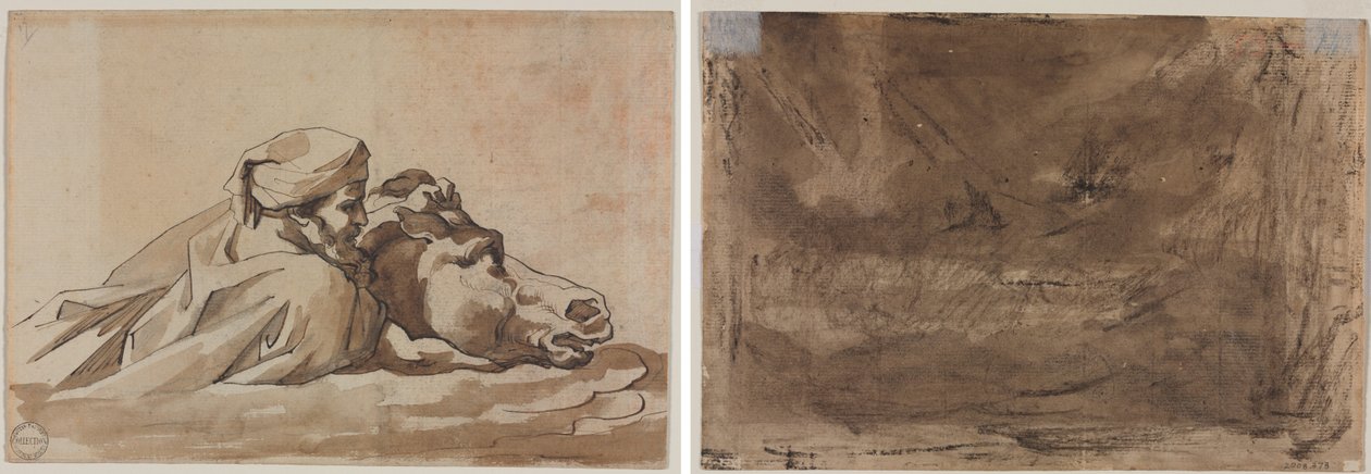 Homem segurando um cavalo na água, após "Dilúvio" de Poussin (reto); Estudo Composicional? (possivelmente para "Dilúvio de Poussin") (verso) de Theodore Gericault