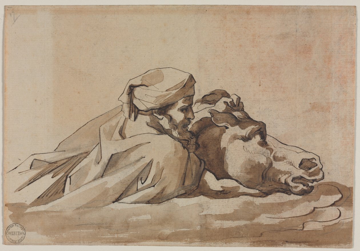 Homem segurando um cavalo na água, depois de Poussins Deluge reto, Compositional Studyverso, c. 18 de Theodore Gericault