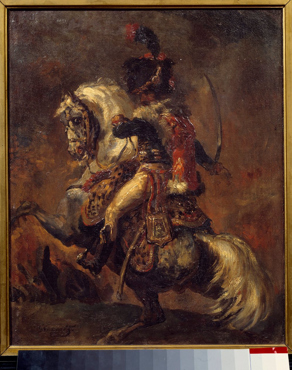 Oficial de Caça a Cavalo da Guarda Imperial Carga Pintura por Theodore Gericault (1791-1824) Sol do século XIX. 0,27x0,22 m bayonne, Musee Bonnat de Theodore Gericault