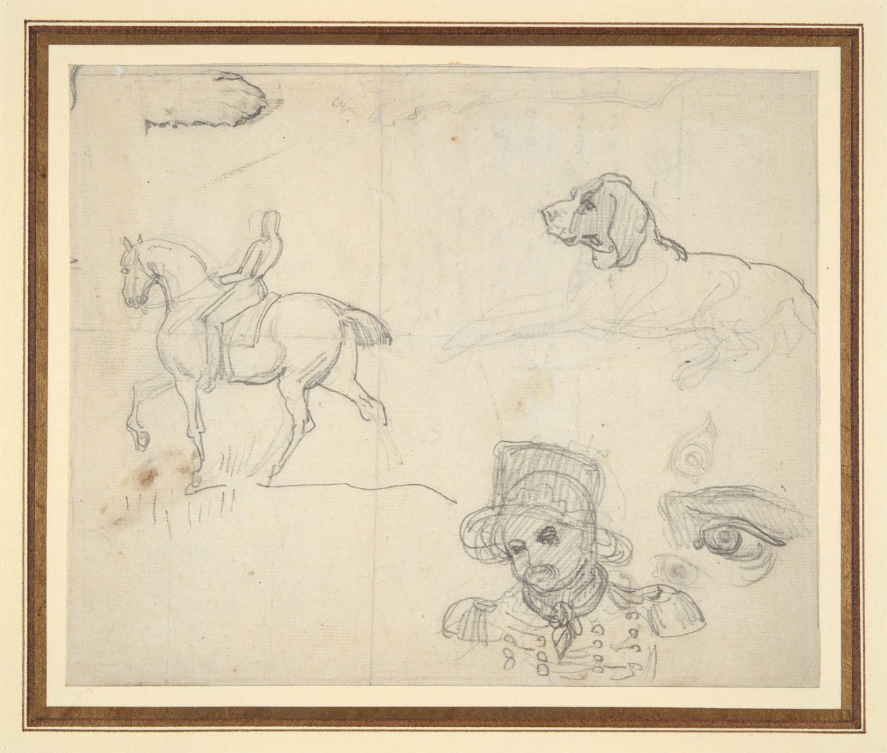 Página de esboços (cavalo, cão, cabeça de soldado) de Theodore Gericault