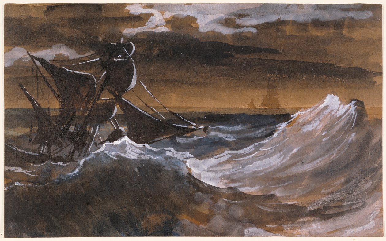 Veleiro em um mar revolto, c.1818-9 (escova e lavagem marrom, aquarela sobre giz preto) de Theodore Gericault