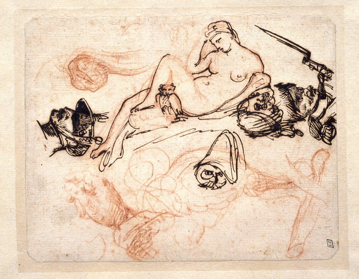 Folha de estudos com a «Noite» de Miguel Ângelo, um granadeiro e outros esboços de Theodore Gericault