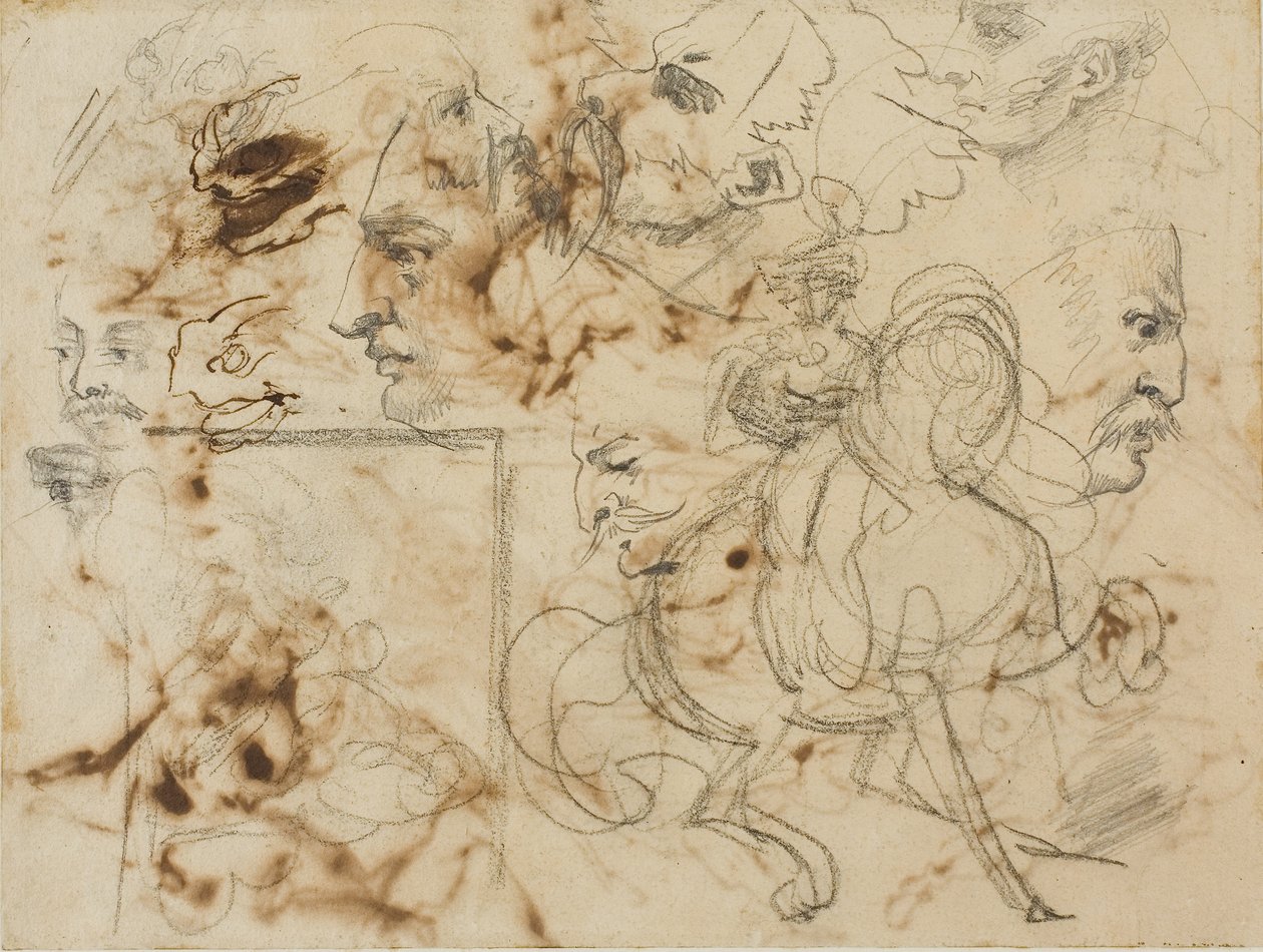Esboços de rostos de homens, focinheiras de cavalos e soldados montados de Theodore Gericault