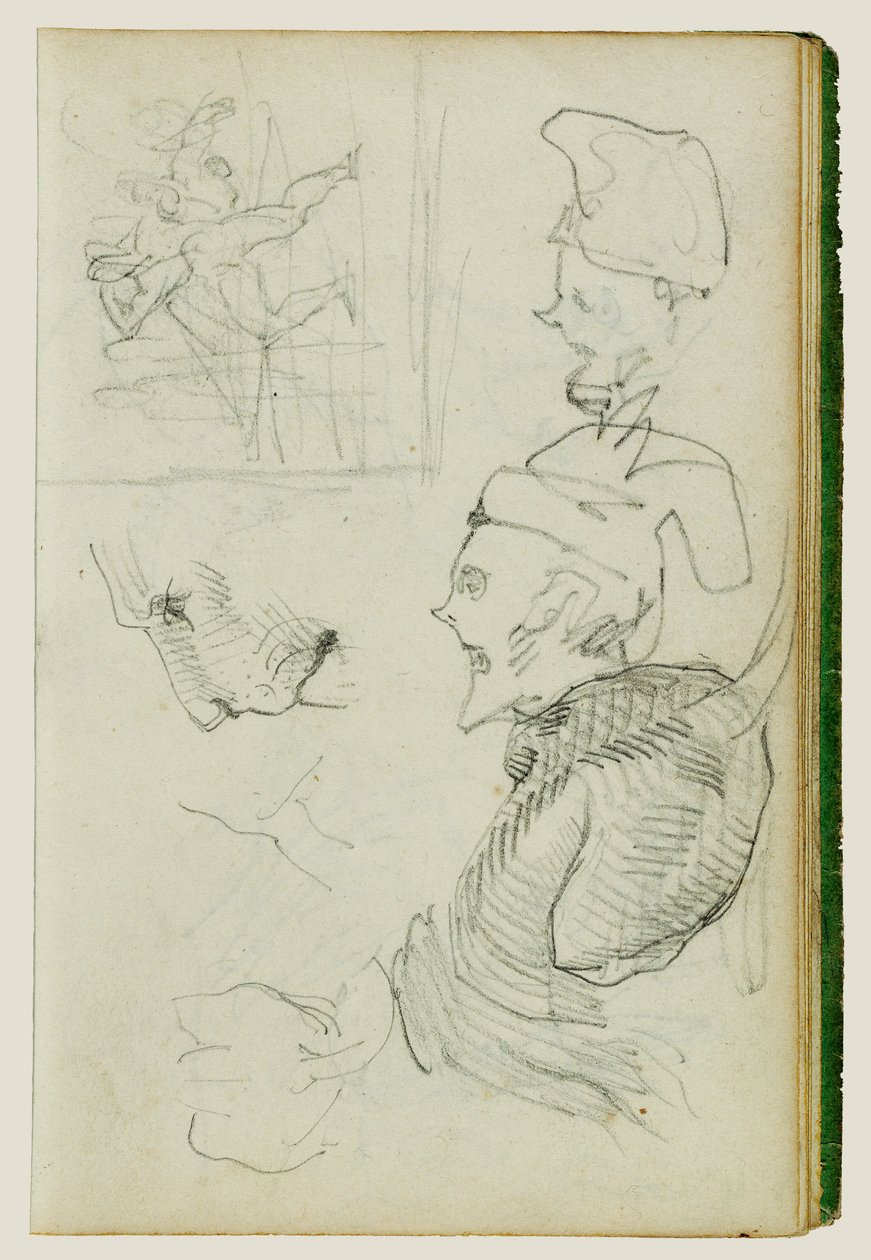 Estudos de leão, estudo de composição de figuras de grupo, dois estudos de cabeças caricaturais de Theodore Gericault