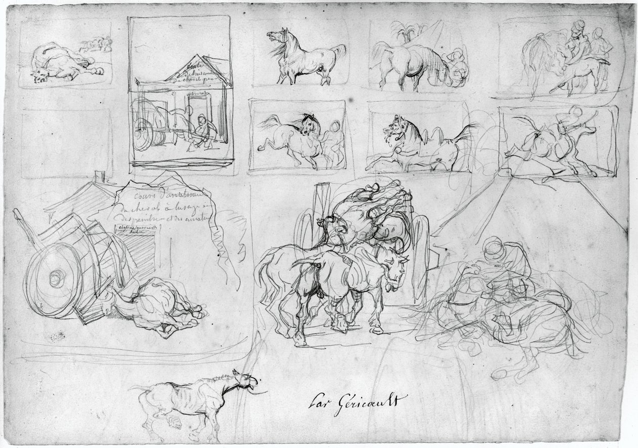 Estudo de cavalos (frente); Uma carroça seguida por um porta-cartaz (verso) de Theodore Gericault