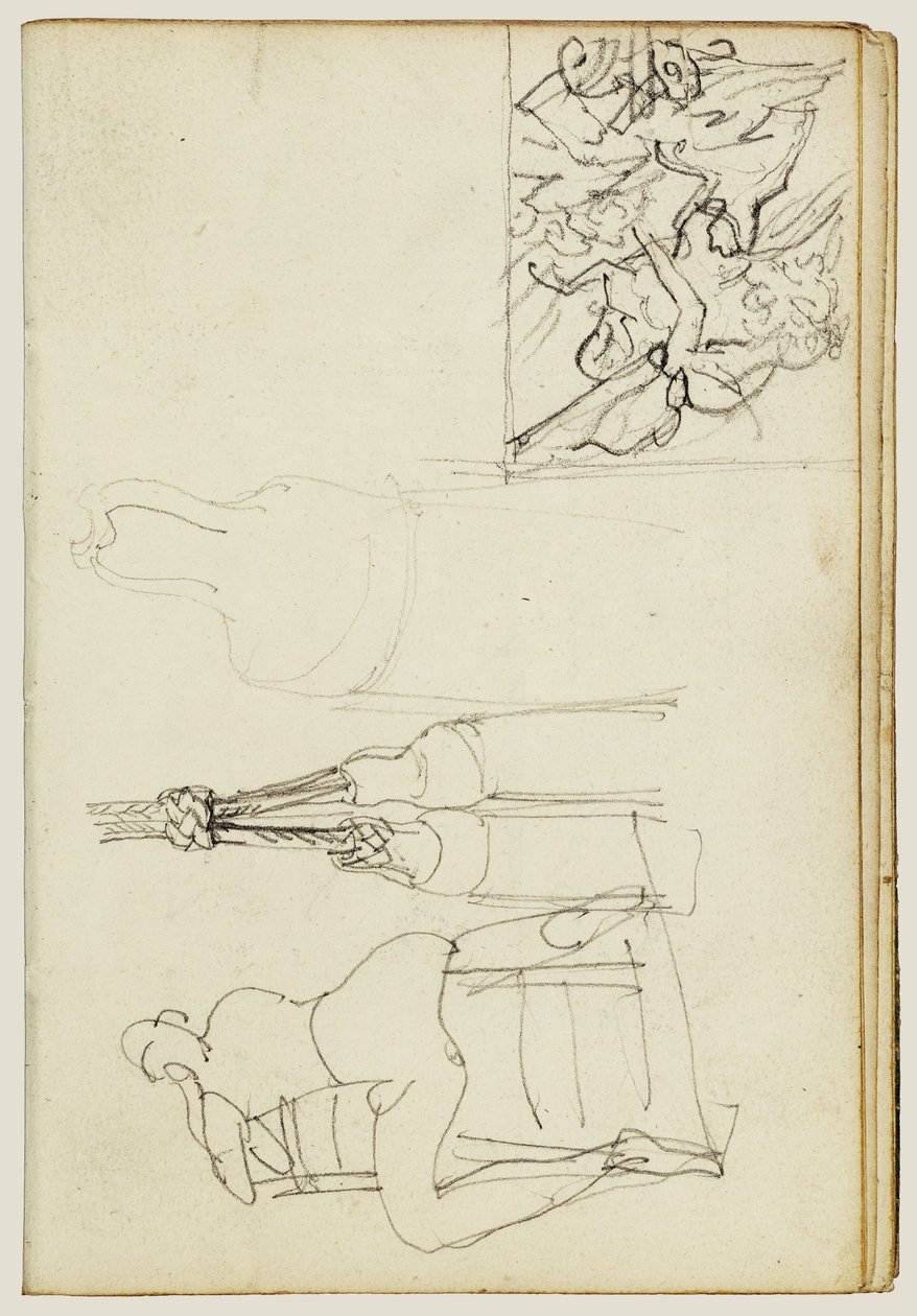 Franjas, figura sentada vista de costas para a cadeira, esboço em miniatura de «Chasseur em Ação» de Theodore Gericault