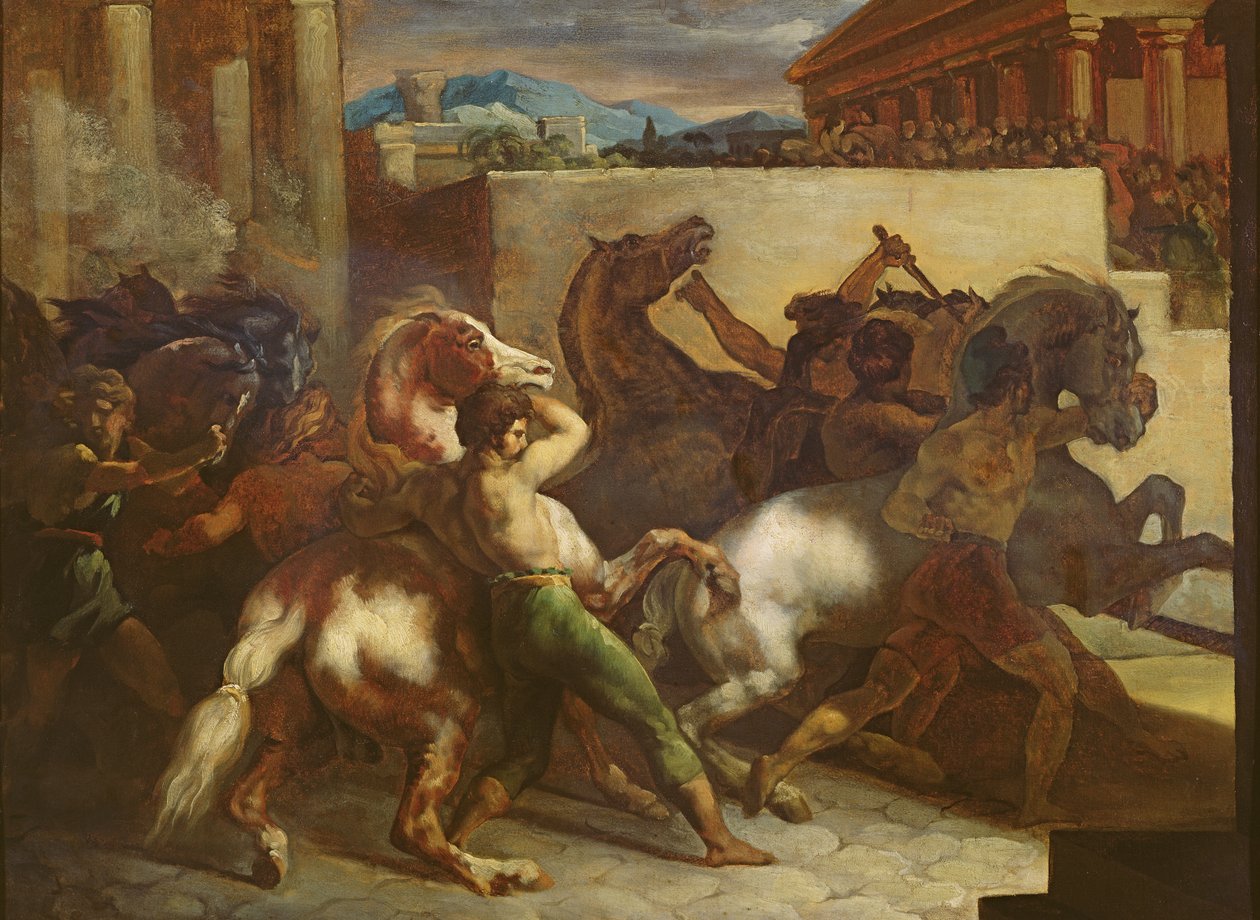 A corrida de cavalos selvagens em Roma, c.1817 (óleo sobre papel) de Theodore Gericault