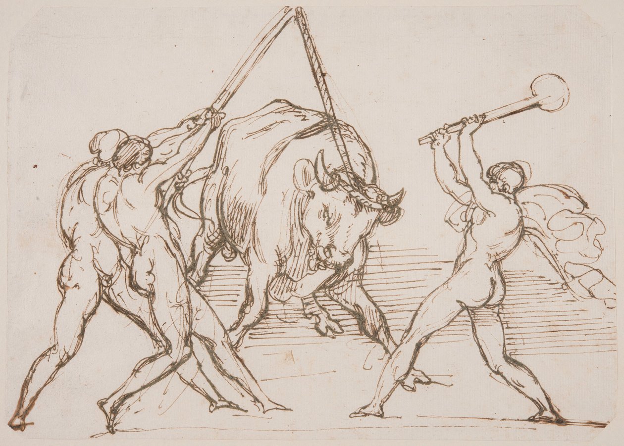 Três homens a provocar um touro de Theodore Gericault