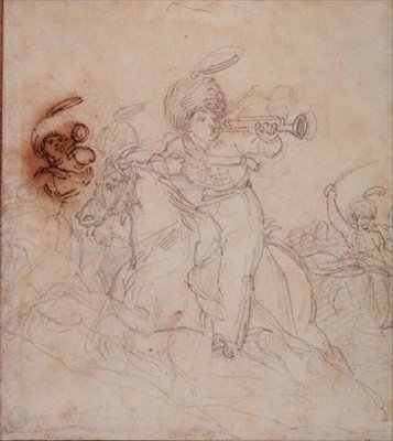 Trombeteiros a soar a carga (lápis, caneta e tinta castanha) de Theodore Gericault