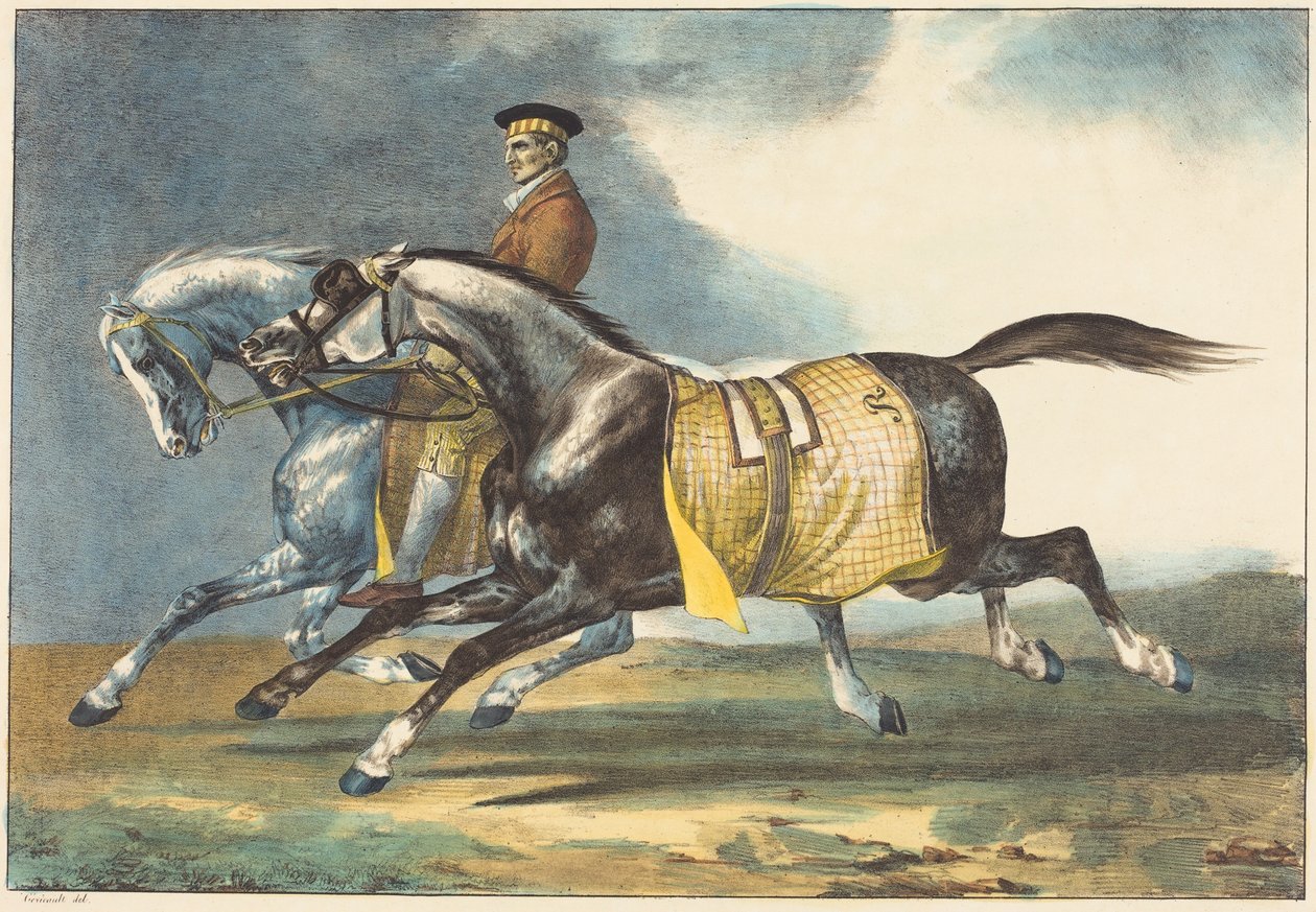 Dois cavalos tordilhos malhados a exercitar-se de Theodore Gericault