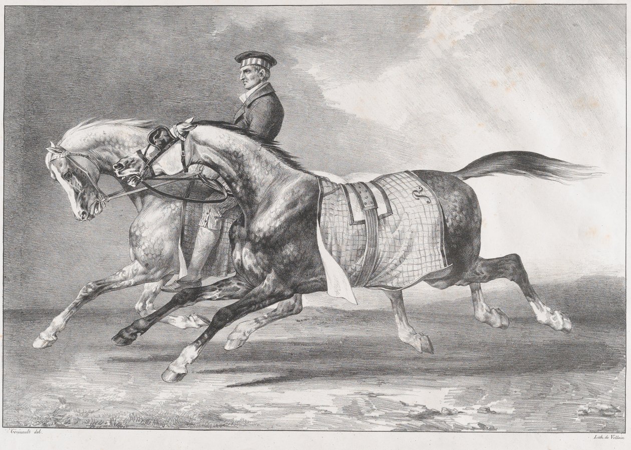 Dois cavalos cinzentos malhados a fazer exercício de Theodore Gericault