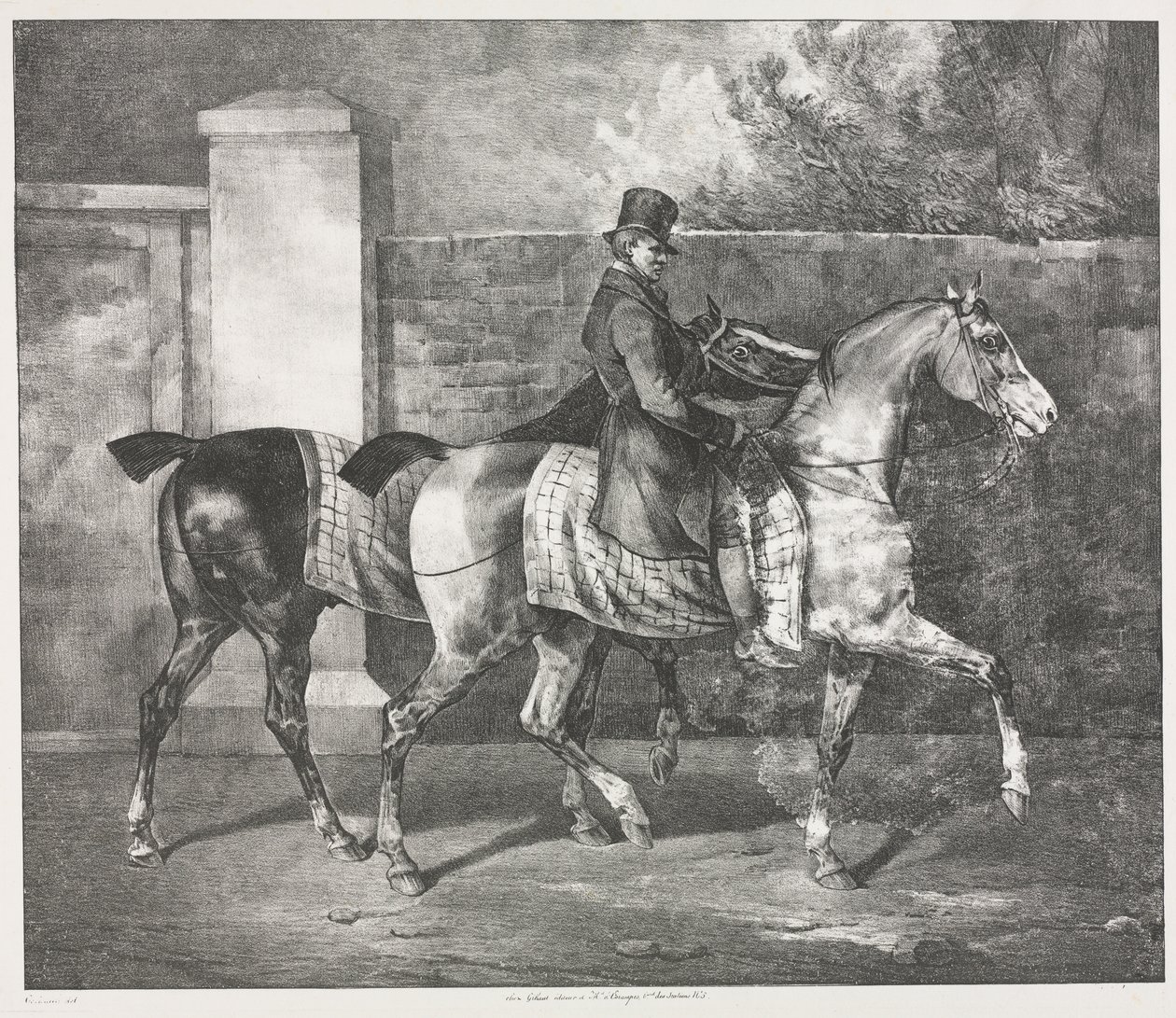 Dois cavalos exercitados por um jóquei de Theodore Gericault