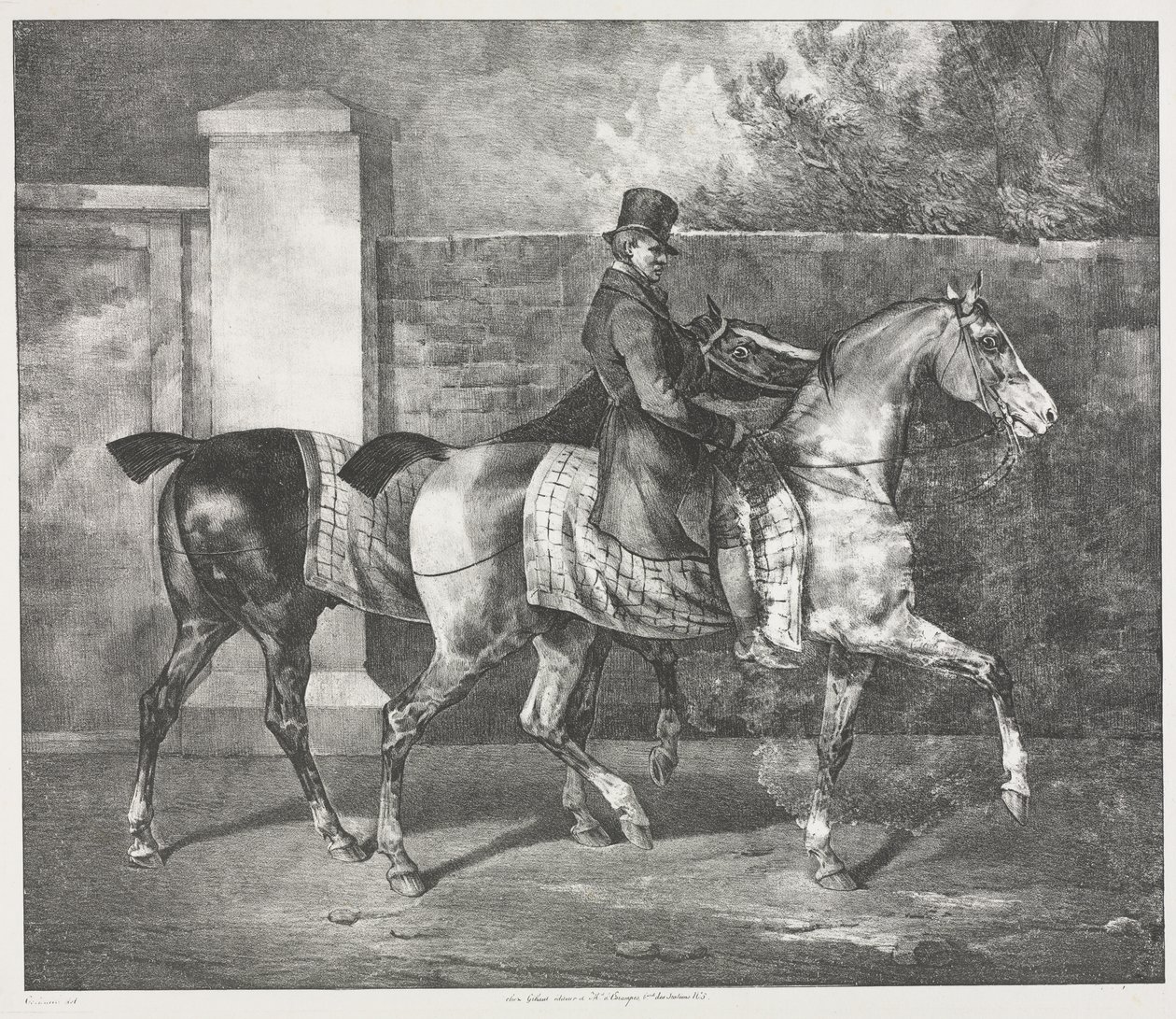 Dois cavalos a serem treinados por um jóquei de Theodore Gericault