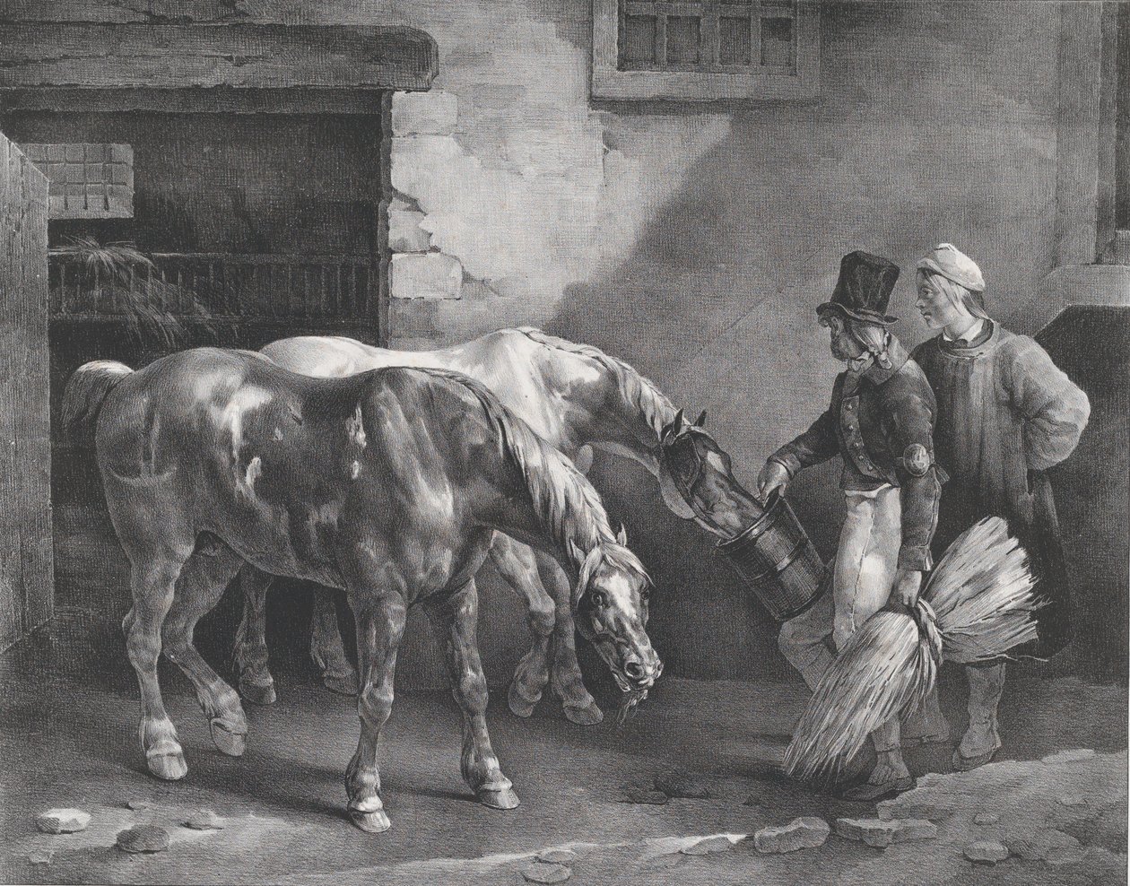 Dois cavalos de correio na porta de um estábulo, 1822. de Theodore Gericault