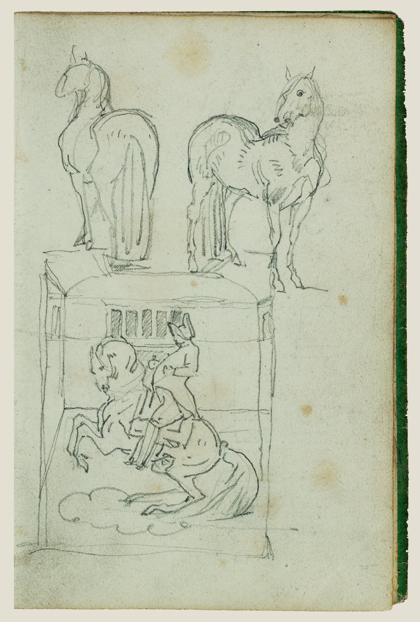 Dois cavalos em pé, um homem a montar um cavalo empinado de Theodore Gericault