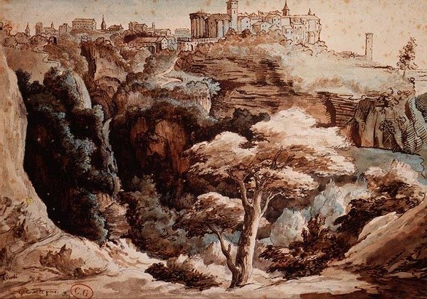 Vista do Tivoli (lápis, caneta e tinta marrom, aquarela) de Theodore Gericault
