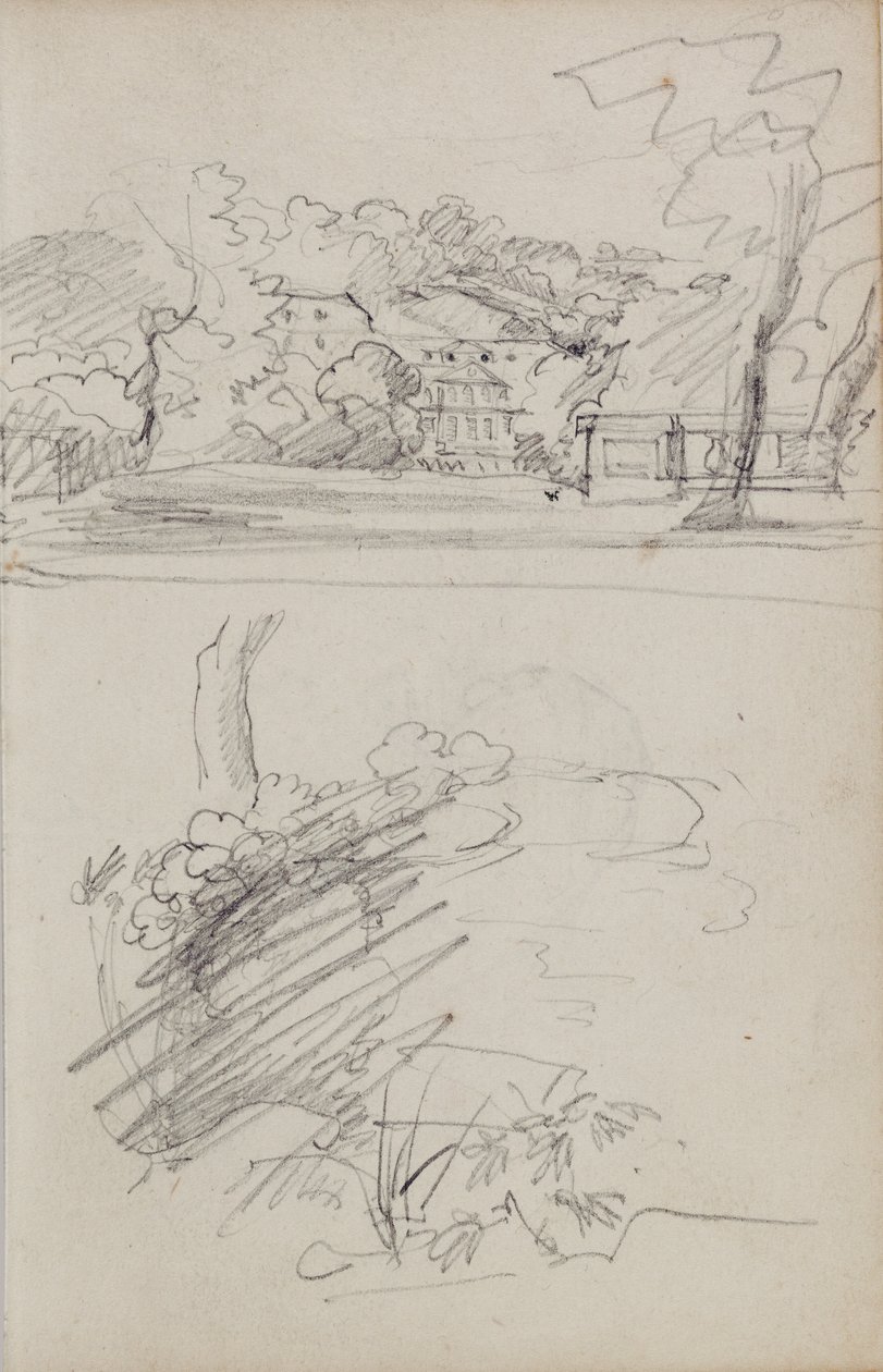 Vista de uma casa de campo e estudos de arbustos e folhagem de Theodore Gericault