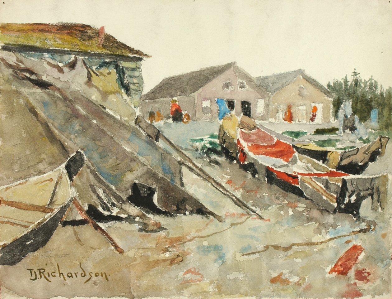 Secagem de cobertores sobre canoas, ca. 1890-1914. de Theodore J. Richardson