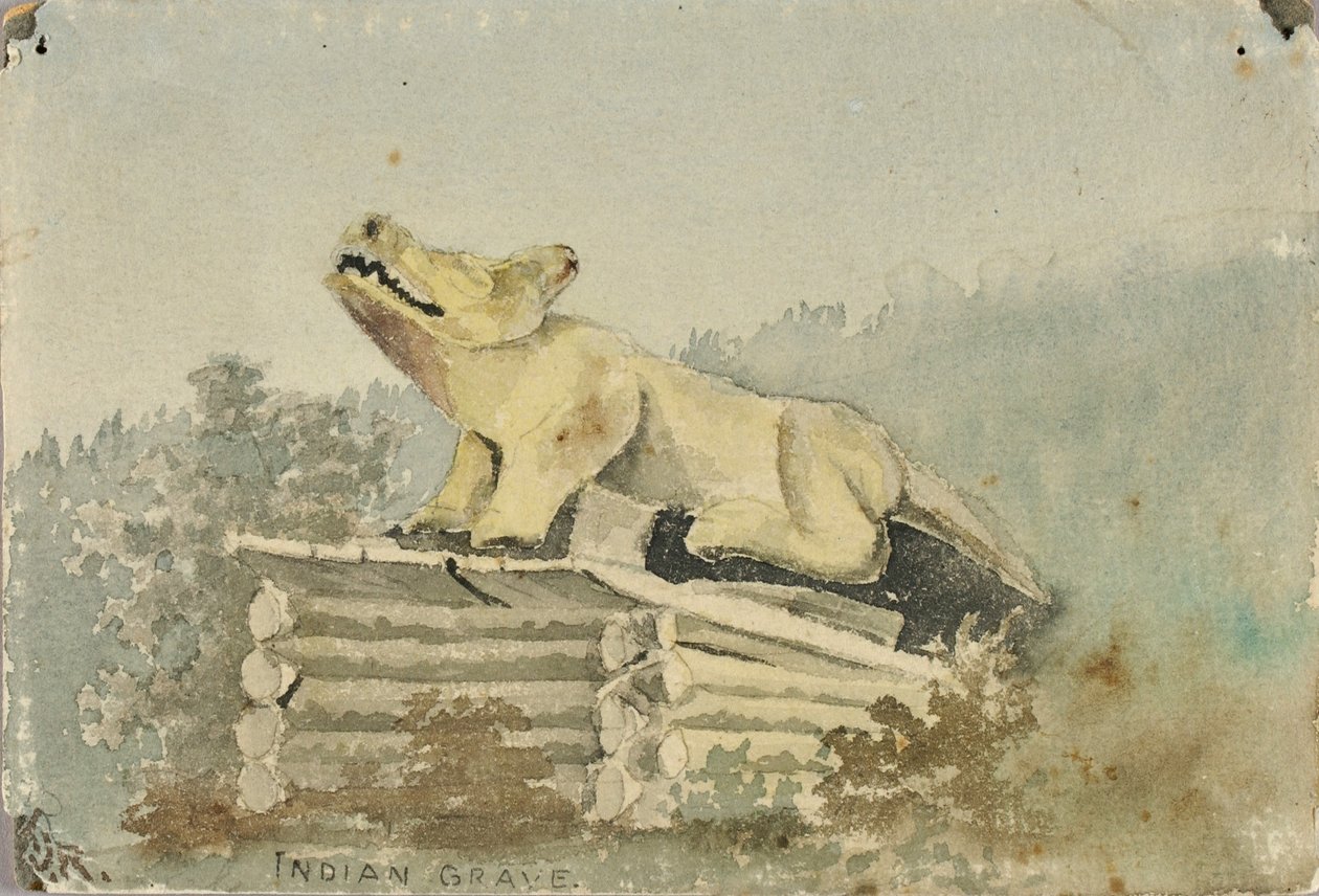 Túmulo de índio. Totem do lobo sobre a sepultura do homem da medicina, Wrangell de Theodore J. Richardson