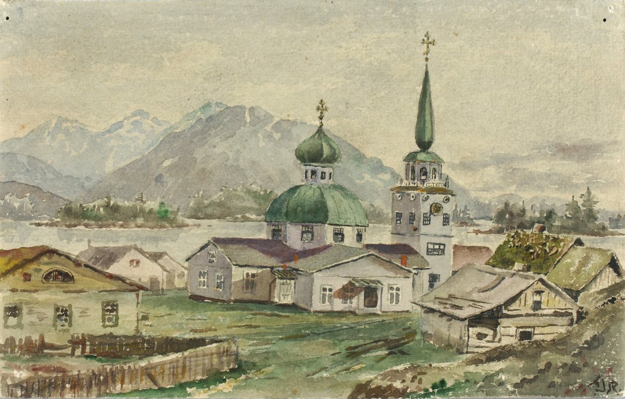 Vista traseira da igreja grega, Sitka, 1888 de Theodore J. Richardson