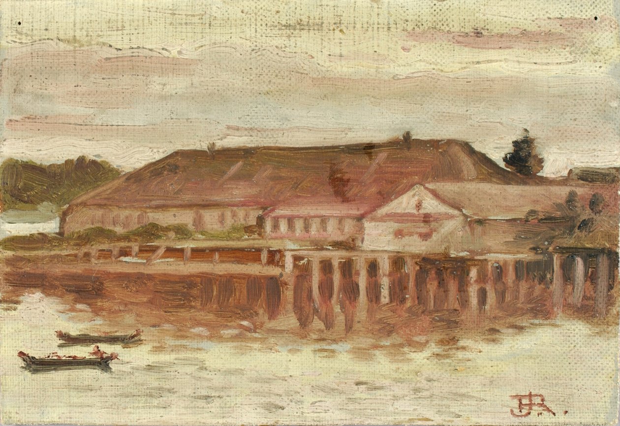 Edifícios de feitoria e cais, Sitka, noite, ca. 1880-1914. de Theodore J. Richardson