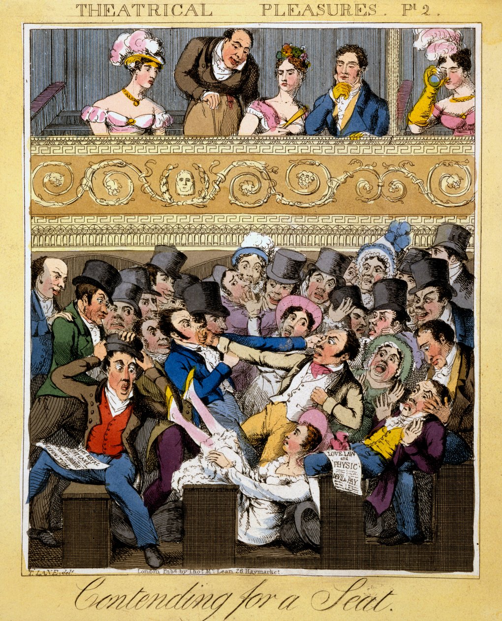 Contendendo por um Assento, placa 2 de &39;Prazeres Teatrais&39;, 1827 (gravura colorida à mão) de Theodore Lane