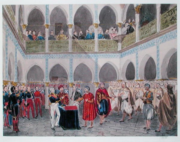 Investigação do Bey of Algiers pelo Conde Bertrand Clausel (1772-1842) 1835 (aguarela sobre papel) de Theodore Leblanc