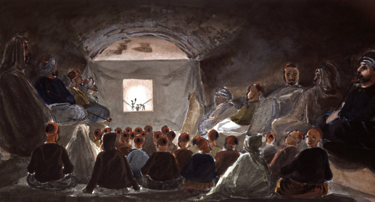 Espetáculo de marionetas numa escola na Argélia, c.1830 (aguarela) de Theodore Leblanc