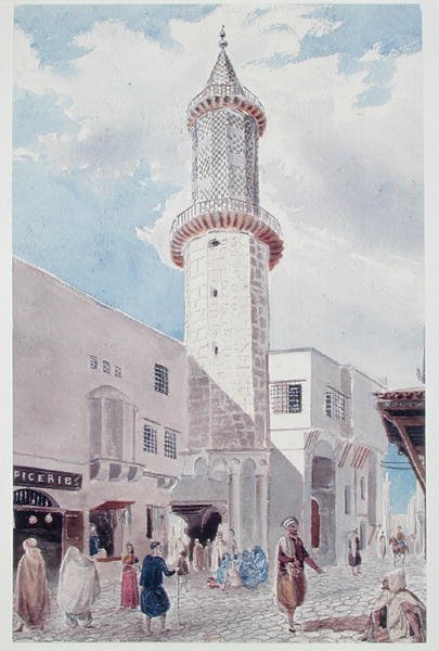 O Minarete da Mesquita da Rue de Chartres e Rue Bab-Azoun, Argel (aguarela sobre papel) de Theodore Leblanc