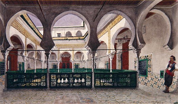 Vista de um pátio interior de uma casa em Argel, c.1830 (aguarela sobre papel) de Theodore Leblanc
