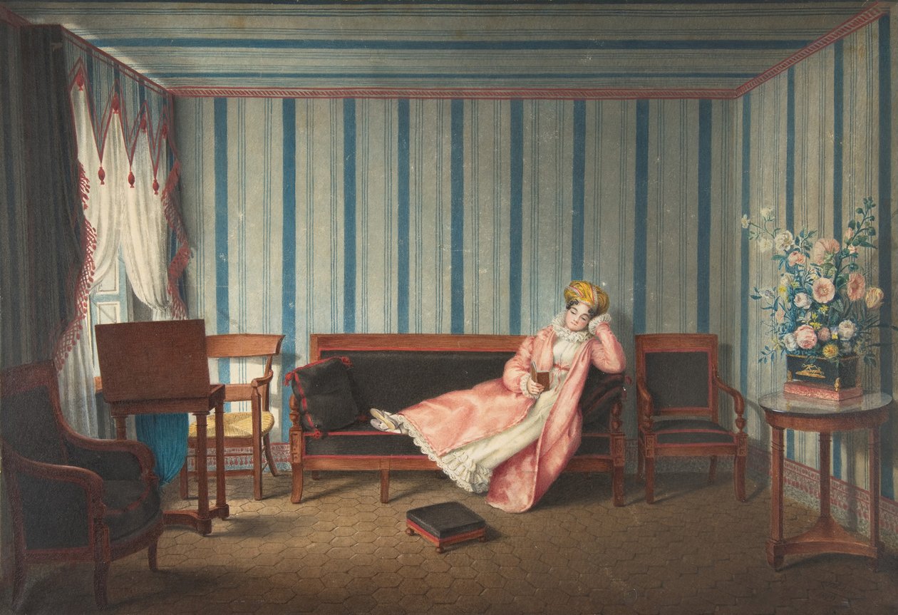 Mulher de rosa reclinada em um canapé, 1819. de Theodore Lebrun