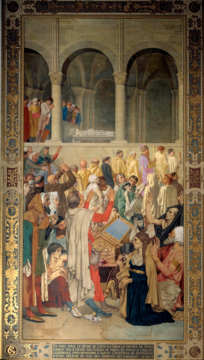 O Rei Luís VI disse que o Gros (1081-1137) e o povo de Paris, liderado pela eveque Etienne, pediu protecção a Sainte Genevieve, padroeira da cidade contra o mal do Ardent (ou ergotismo) em 1130 Pintura de Theodore Maillot (1826-1898) 1885 de Theodore Pierre Nicolas Maillot