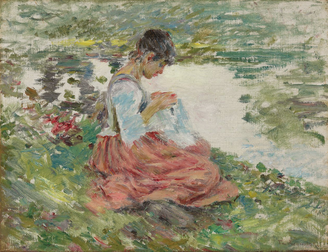 Costura da menina pelo rio, c.1891 de Theodore Robinson