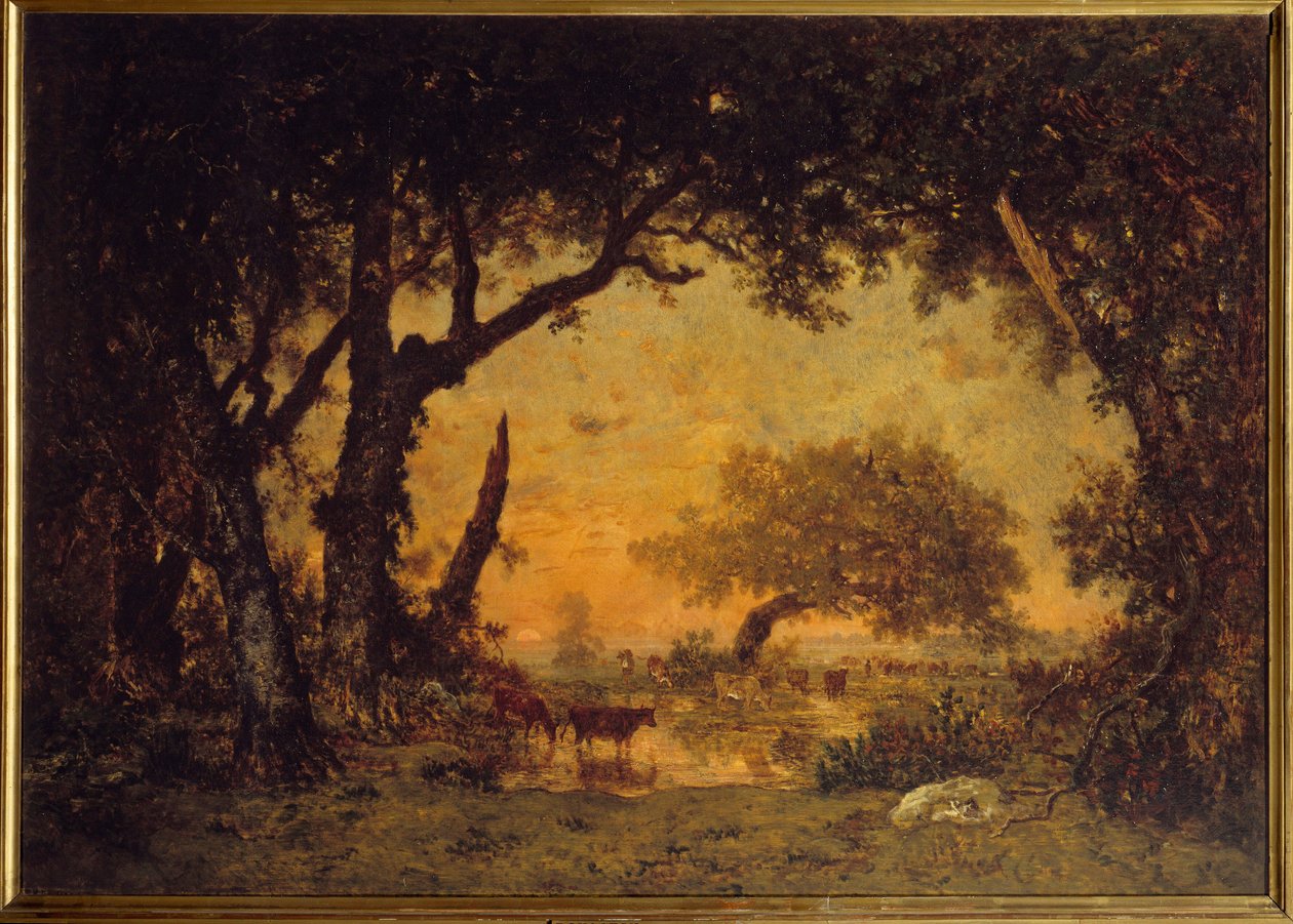 Saída da floresta em Fontainebleau, Pinturas ao pôr-do-sol de Theodore Rousseau (1812-1867) Sol do século XIX. 1,42x1,97 m de Pierre Etienne Theodore Rousseau