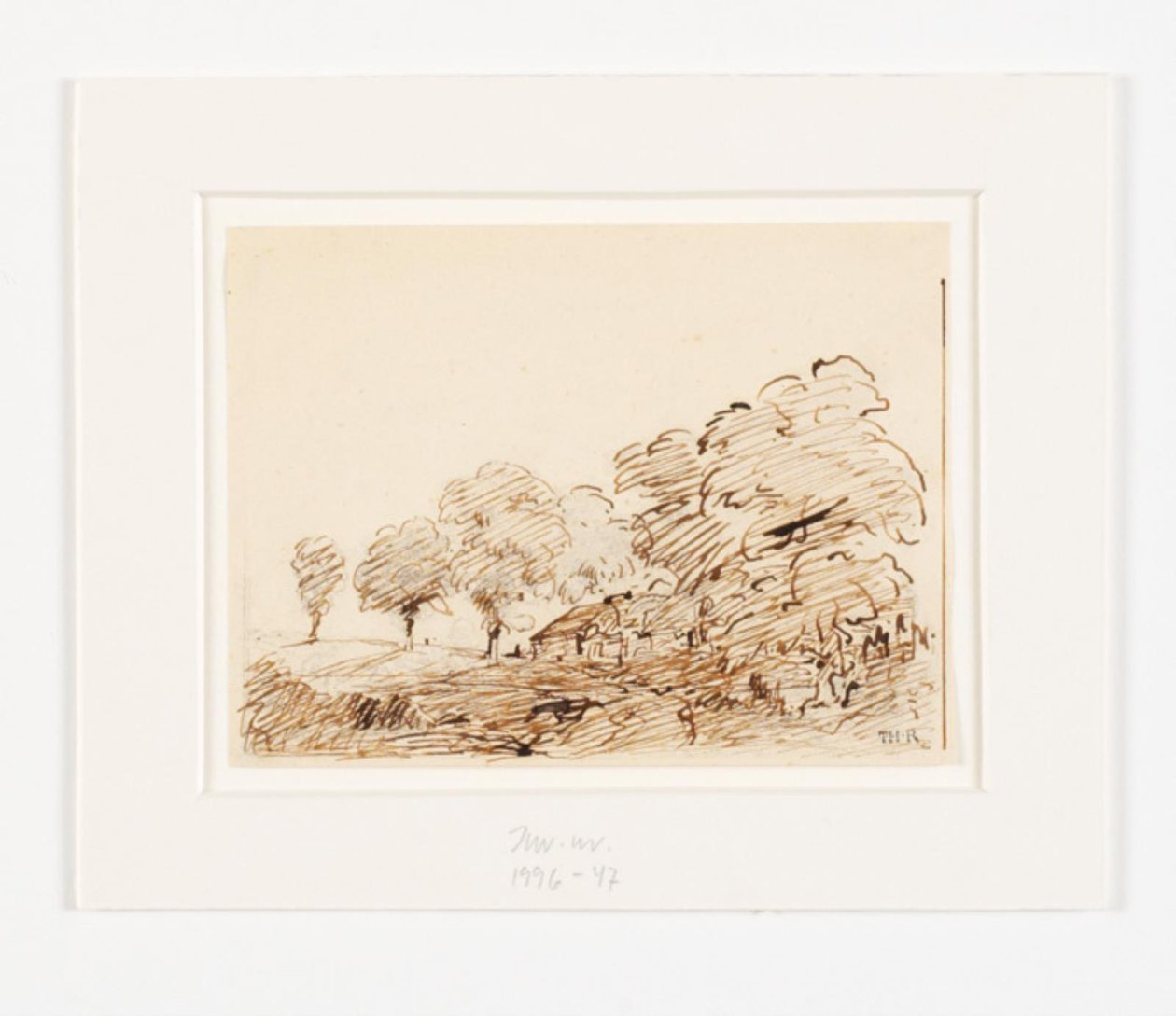Paisagem com cabana sob árvores altas de Theodore Rousseau