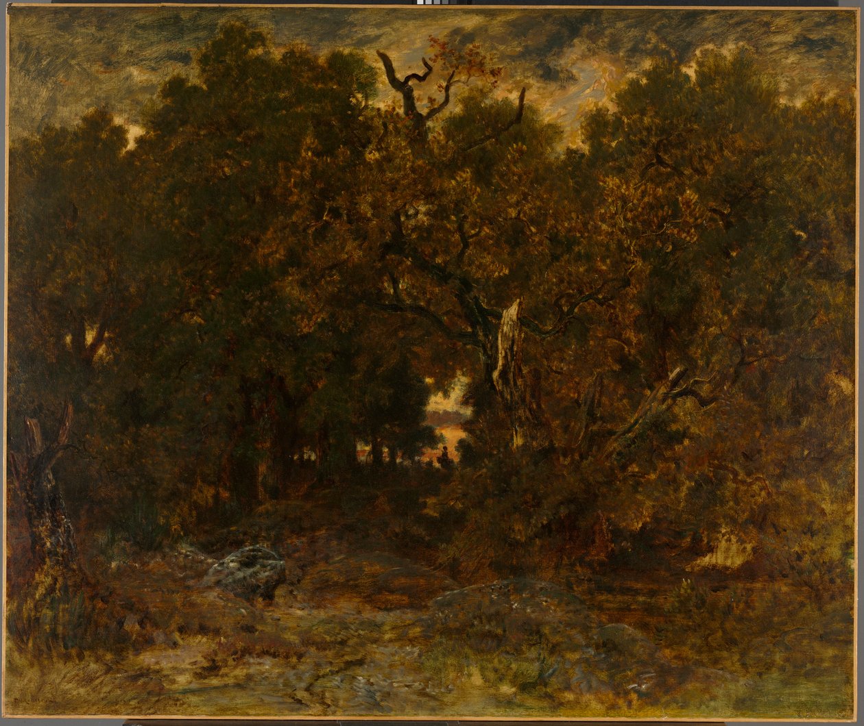 Saída da floresta, Fontainebleau: Sol poente de Theodore Rousseau