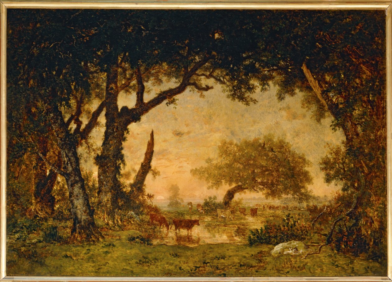 Saída da floresta em Fontainebleau, pôr do sol... de Theodore Rousseau