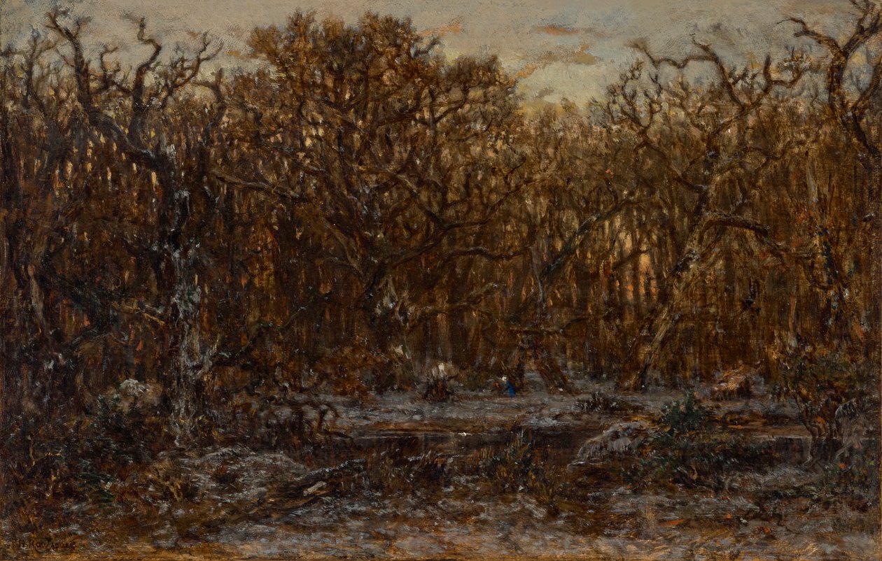 Floresta ao pôr do sol no inverno de Theodore Rousseau