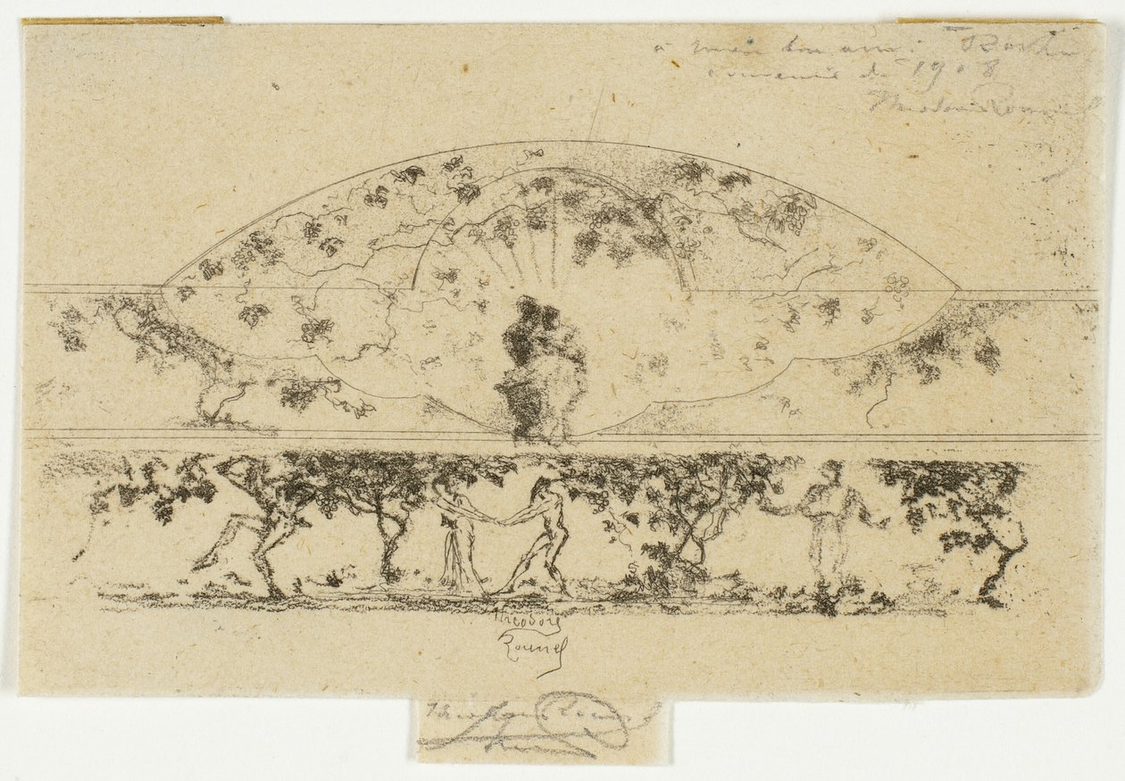Júpiter e Alcmena e ninfas e sátiros em um medalhão de friso, estudo para decoração de uma moldura de Theodore Roussel