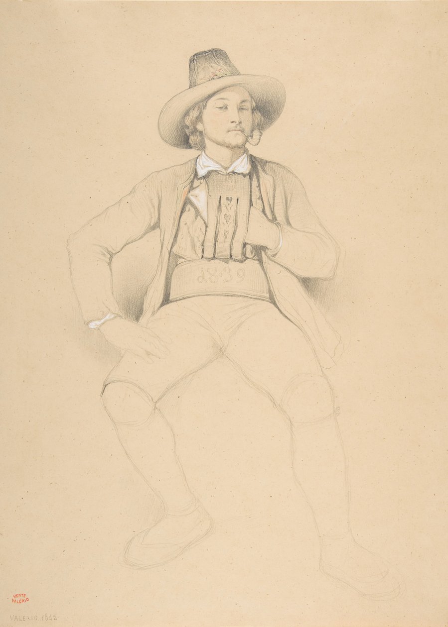 Um homem em traje tirolês, sentado, fumando cachimbo, 1842. de Theodore Valerio
