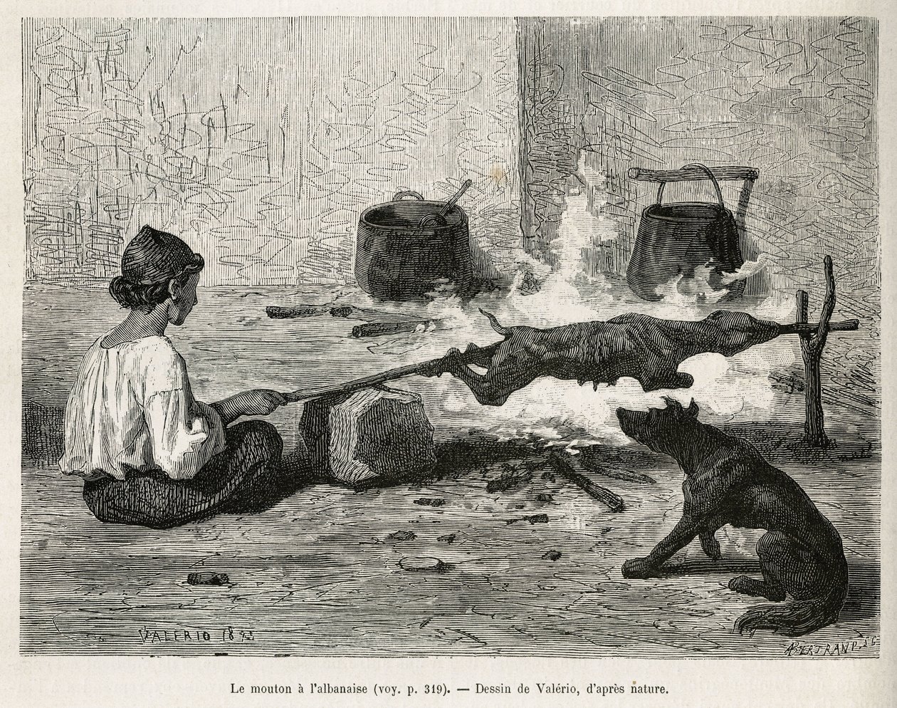 Um jovem montenegrino assando uma ovelha com o albanês, sentado em frente ao fogo e girando constantemente o pino de madeira. Gravura após o desenho de Valerio, para ilustrar a viagem à Dalmácia, de Charles Yriarte, em 1874, publicada em "Le tour du mon de Theodore Valerio