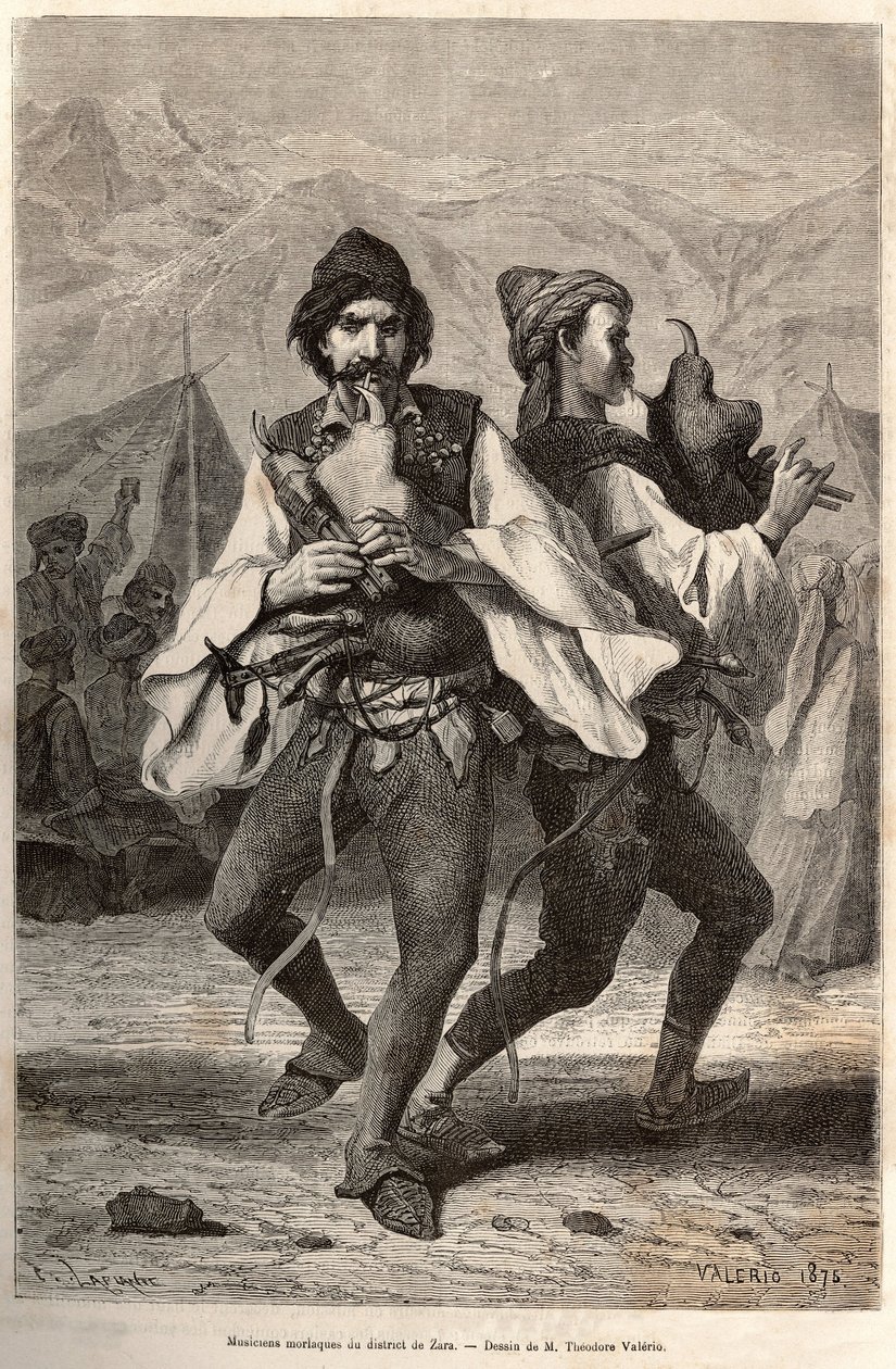 Morlac músicos (ou montenegrinos) do distrito de Zara, usando o traje local: camisa de lona branca e sobre um colete bordado, um cinto cravejado de cobre e prata, pernas caindo no sapato de couro, e tocando uma espécie de biniou enquanto dançava para de Theodore Valerio