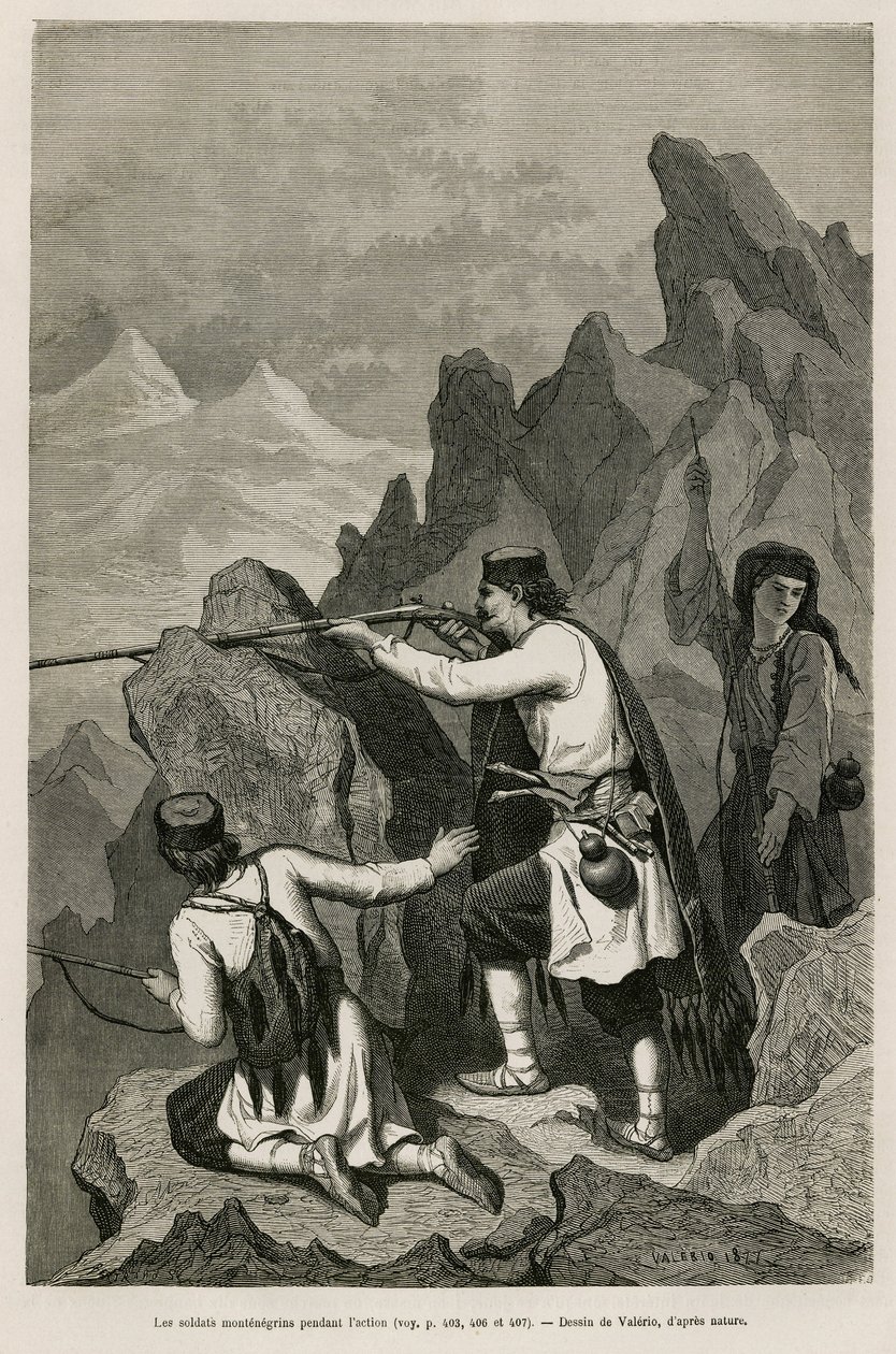 Os soldados montenegrinos durante a acção, durante a Guerra de 1876, durante a qual a Sérvia e Montenegro declararam guerra à Turquia otomana, desenhada por Valerio, para ilustrar a viagem a Montenegro em 1874 por Charles Yriarte (1832-1898). Gravura em Le de Theodore Valerio