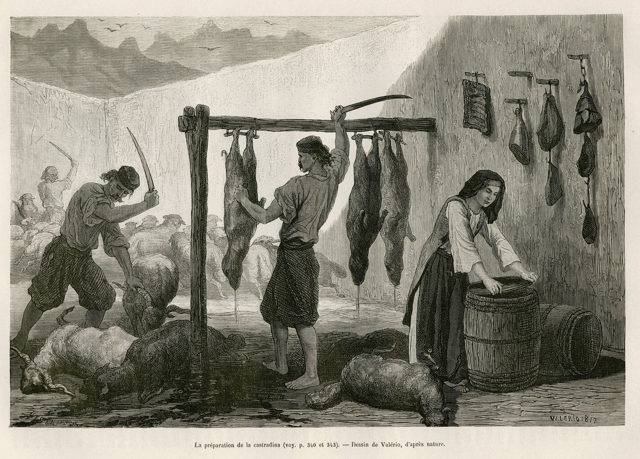 A preparação da castradina, especialidade de carne de ovino e caprino salgada e bucana, no final de Outubro, na Dalmácia (Ístria e Herzegovina (Croácia)), desenho de Valerio, para ilustrar a viagem ao Montenegro, em 1874, de Charles Yriarte de Theodore Valerio