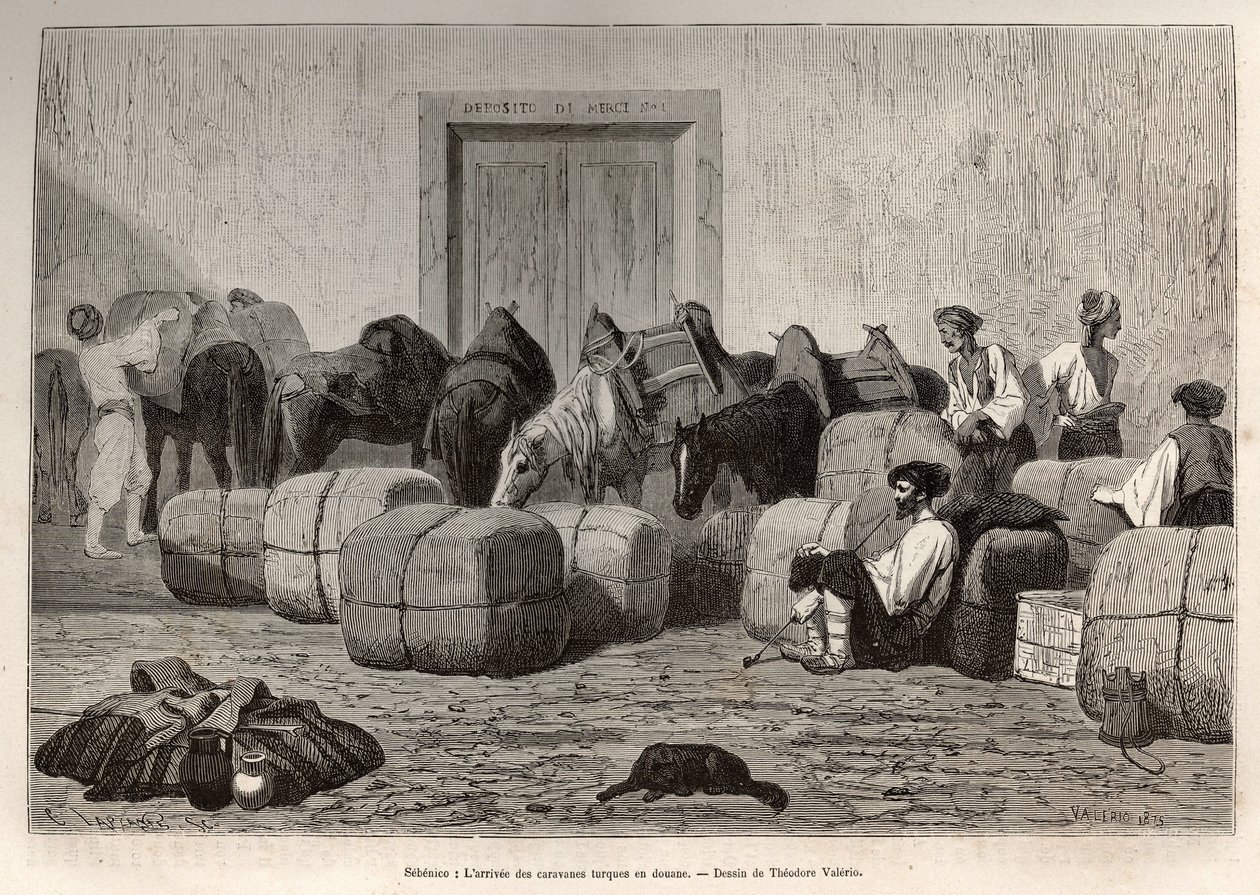 Quando as caravanas turcas chegam à Alfândega Sebenico (Sérvia), os viajantes comerciais descarregam os fardos da parte de trás dos camelos para verificar a quantidade e a natureza da mercadoria. Gravura após o desenho de Theodore Valerio, para ilustrar um de Theodore Valerio