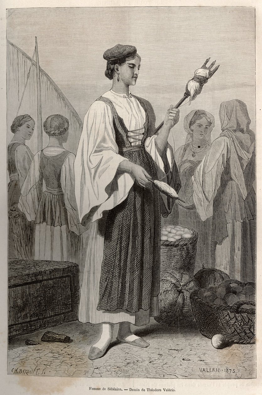 Mulher de Sebenico (Sérvia), usando fusos para fiar a lã, na praça do mercado. Gravura após o desenho de Theodore Valerio, para ilustrar uma história sobre a Dalmácia, de Charles Yriarte, em 1874, publicada em "Le tour du monde" 1876, editada por Edou de Theodore Valerio