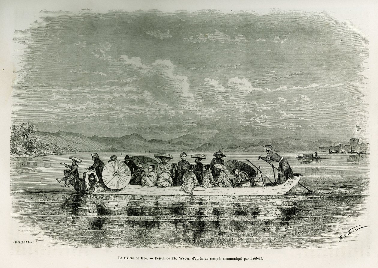 Um barco no rio Hue (Vietname), desenhado por Th. Weber, para ilustrar a história de oito dias de embaixada em Hue (Reino de Annam), em 1875, pelo Sr. Brossard de Corbigny, tenente (N), ligado à missão. Gravação em Le tour du monde de Theodore Weber